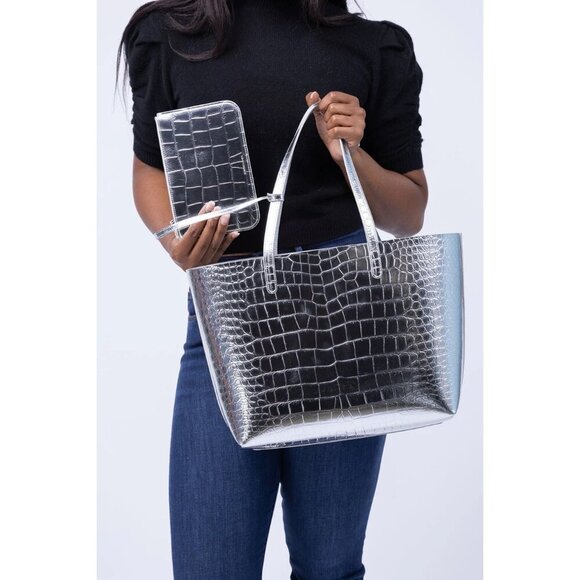 Mansur Gavriel Large Metallic Croc Tote Silver Womens Size OS - Picture 2 of 15